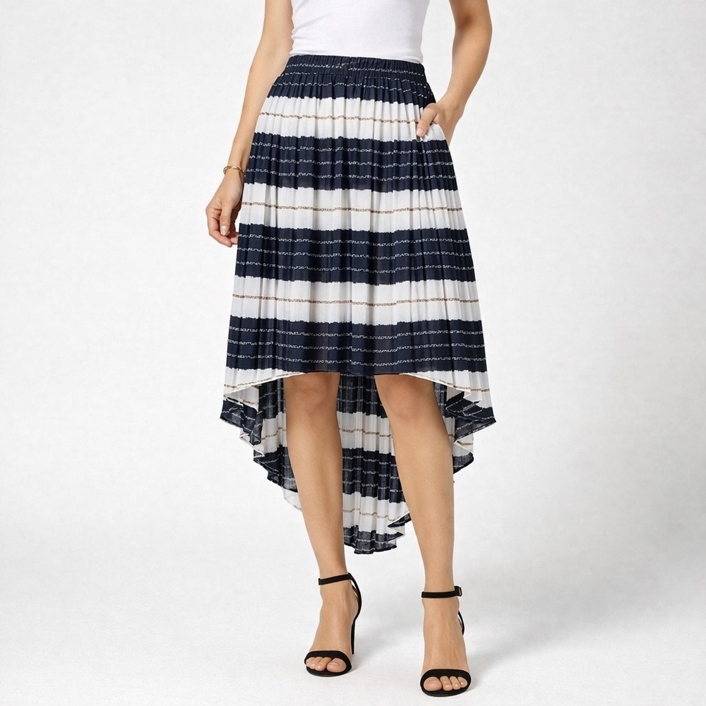 Harve Benard Pleated High Low Midi Skirt Womens Large White Stripe NWT